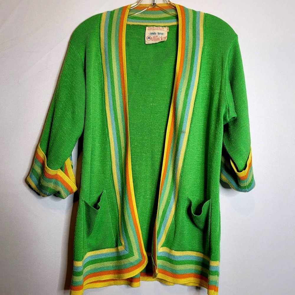 Vintage Cardigan Tie Waist Bright Green Renee Tener For Outlander Striped Trim